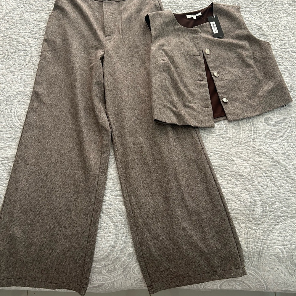 Wide Leg Brown Pants & Vest Set